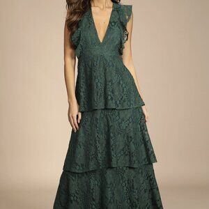 NWT Lulus Molinetto Forest Green Lace Ruffled Tiered Sleeveless Maxi Dress